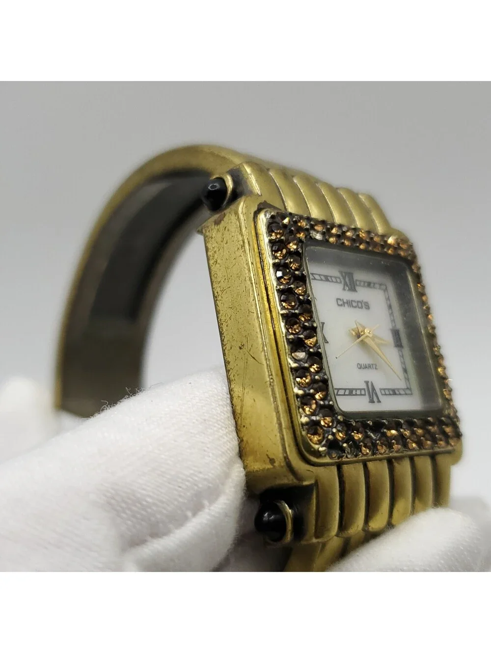 Chico's Cuff Band Gem Bezel Womens Watch 28mm MOP Dial New Battery